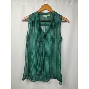Pleione Women's Sleeveless Green Houndstooth Tie Neck Bow Button up Size XS